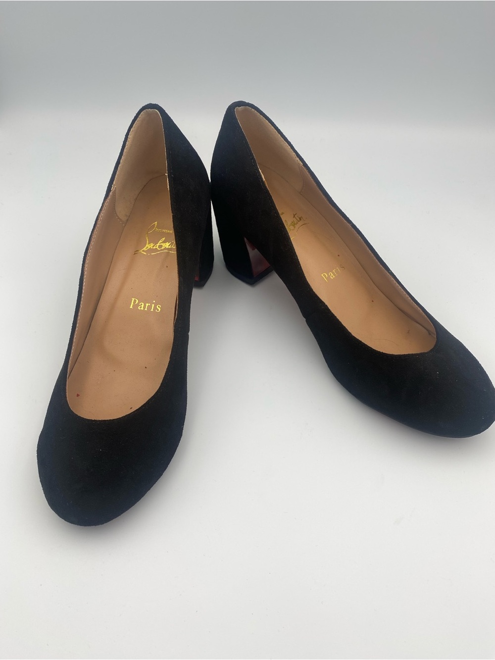 Christian Louboutin Black Suede Round Toe Block Heels